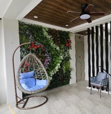 Hanging chair with blue cushions beside a green feature wall and staircase.